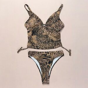 Animal Print Tankini Two-Piece Swimsuit | Adjustable Tie Sides | High-Cut Bottom